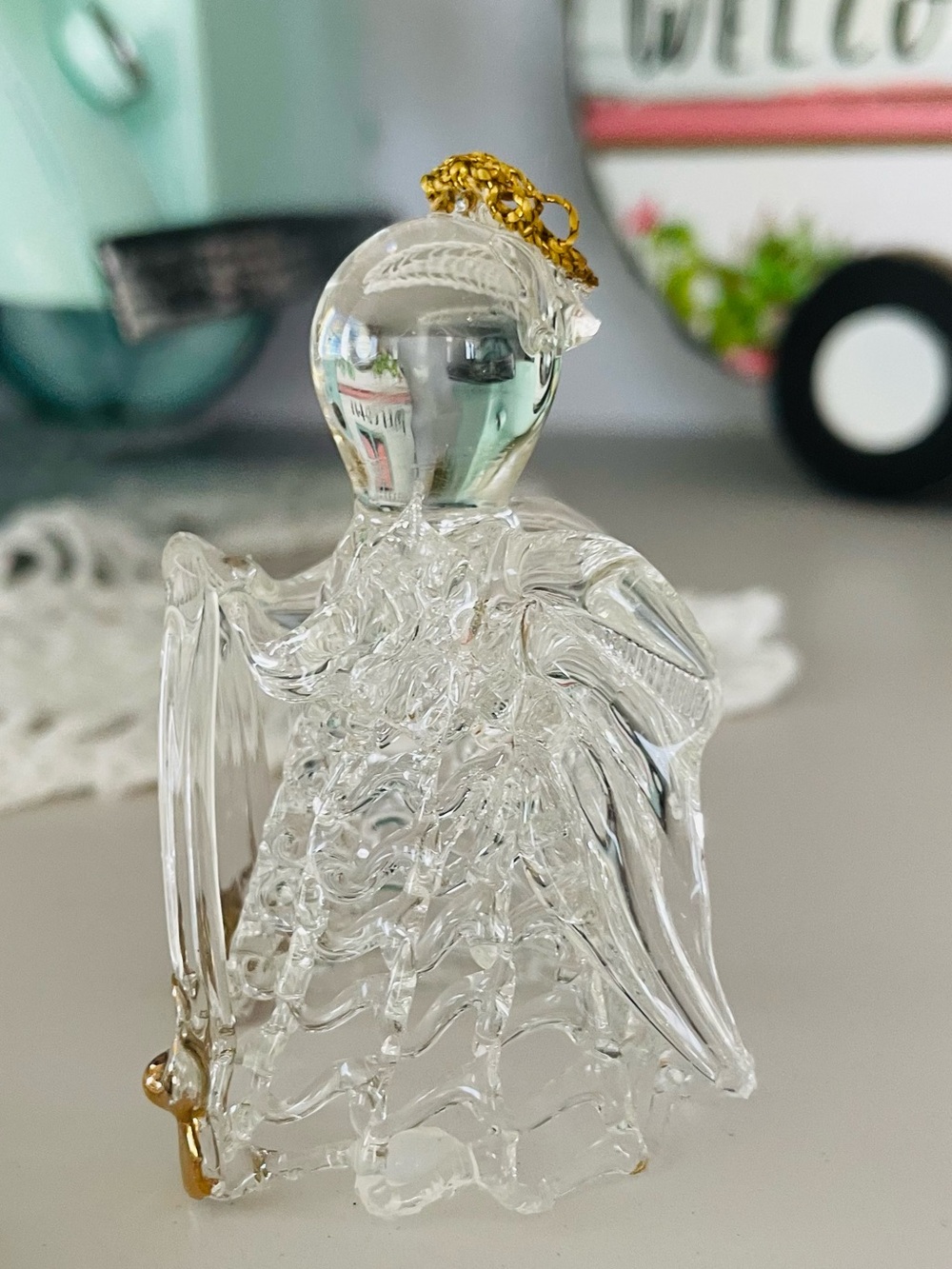 Vintage Clear Glass Angel with Gold Accent